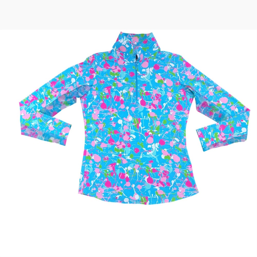 Ibkul Womens XS Blue Pink Paint Splatter UPF 50+ Quarter Zip Sun Shirt Pullover